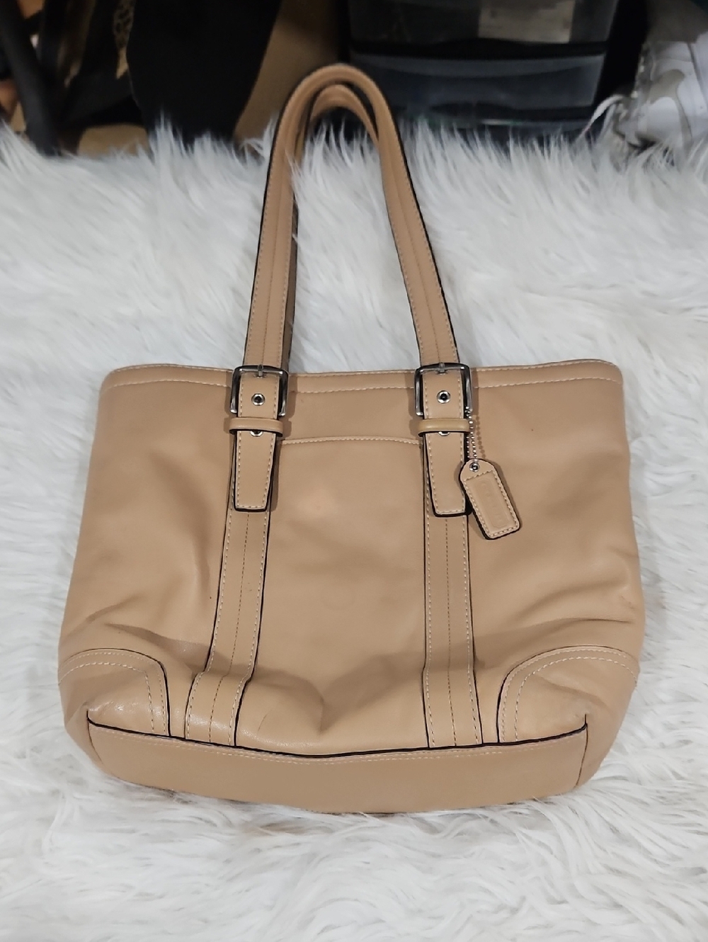 Coach Beige Leather Tote Bag with Double Shoulder Straps
